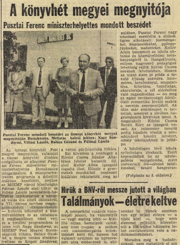 A könyvhét megyei megnyitója. Pusztai Ferenc látogatása Dunakeszin