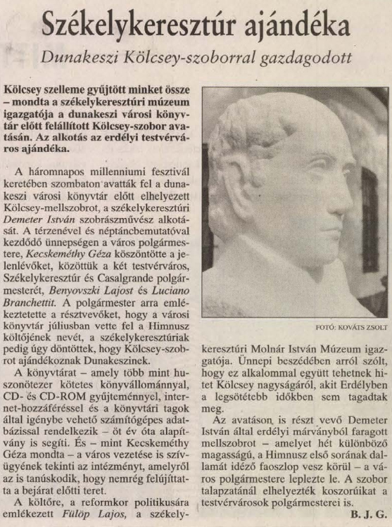 Székelykeresztúr ajándéka. Dunakeszi Kölcsey-szoborral gazdagodott