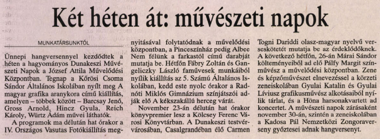 Két héten át: művészeti napok