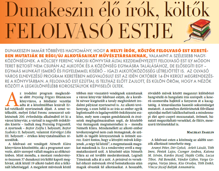 Dunakeszin élő írók, költők felolvasó estje