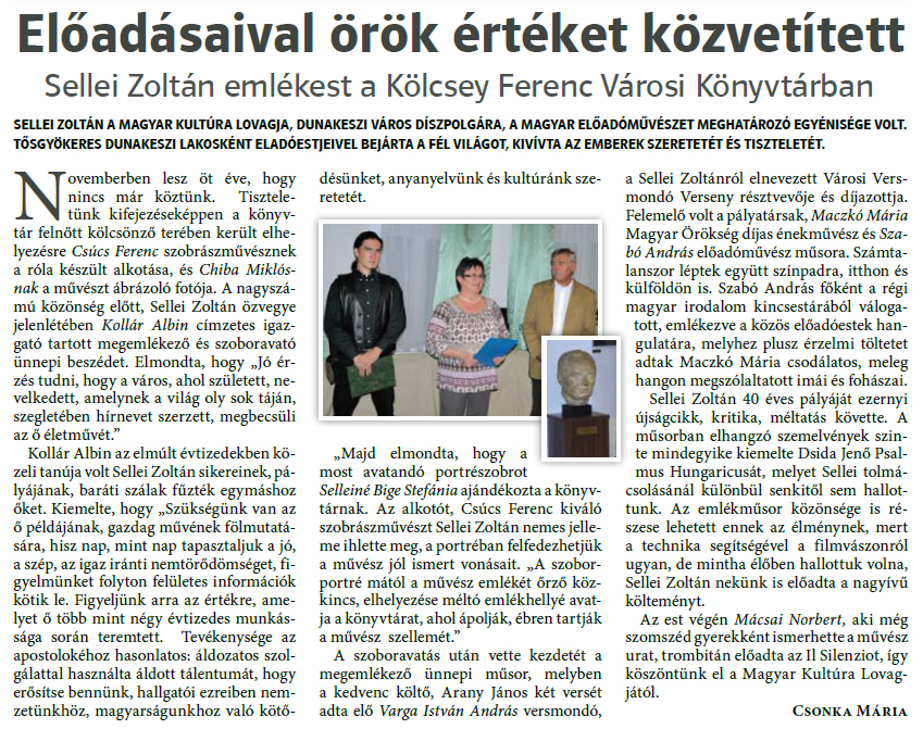 Sellei Zoltán emlékest a Kölcsey Ferenc Városi Könyvtárban