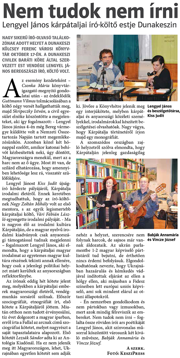 Nem tudok nem írni. Lengyel János kárpátaljai író-költő estje Dunakeszin