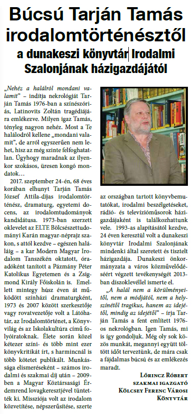 Búcsú Tarján Tamás irodalomtörténésztől a dunakeszi könyvtár Irodalmi Szalonjának házigazdájától