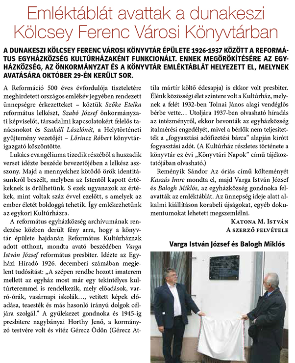 Emléktáblát avattak a dunakeszi Kölcsey Ferenc Városi Könyvtárban