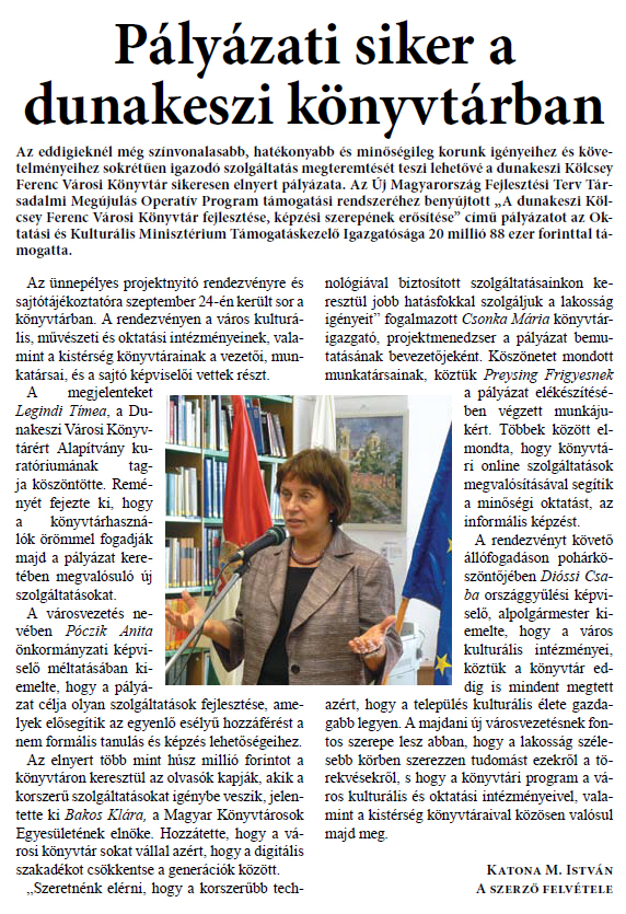 Pályázati siker a dunakeszi könyvtárban